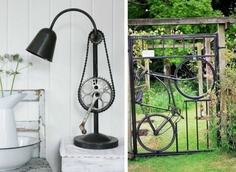 upcycling idéer med cykeldelar trädgård grind cykel redskap pedal kedjelampa