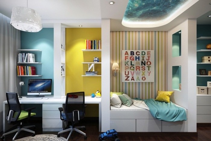 barnrum-modern-design-säng-tak-utrymme-innovativ-dekoration-skrivbord-vit