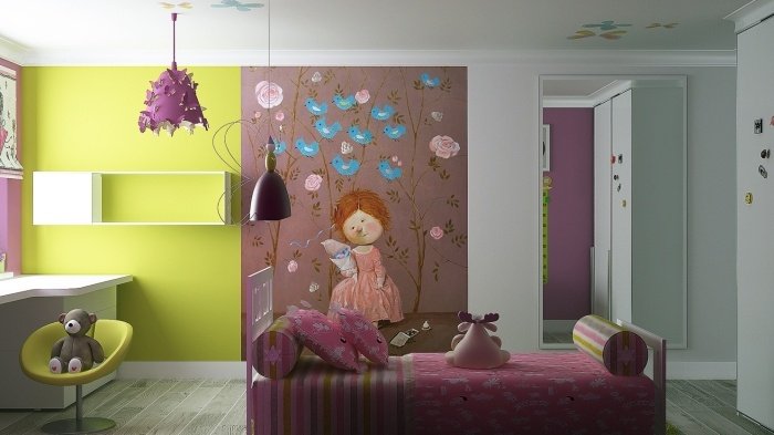 moderna-tjejer-rum-gul-violett-vägg-motiv-lampskärm-fjärilar