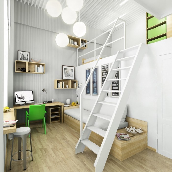 Loft-säng-vit-med-stege-moderna-barn-rum-ungdoms-rum-gröna-accenter