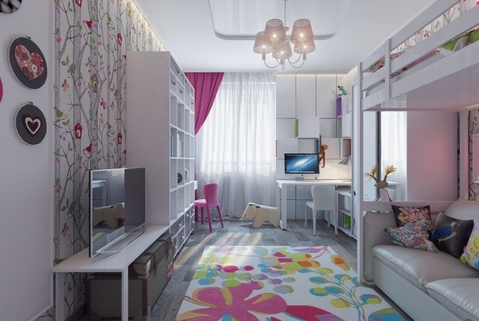 moderna-barnrum-för-tjejer-vitt-loft-säng-tapeter-mönstrade