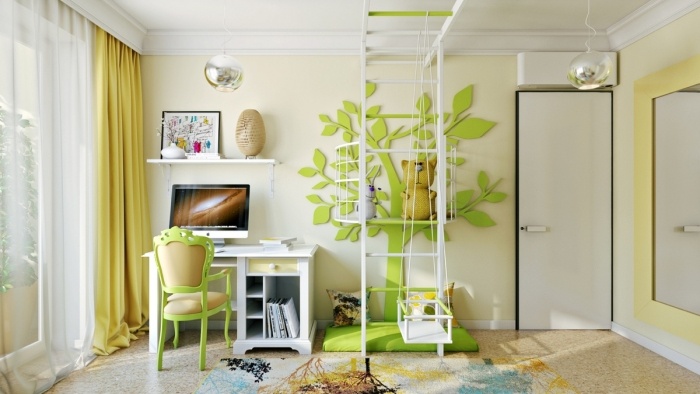 moderna-barnrum-med-gung-vägg-dekoration-träd-plast-gröna-golv-kuddar