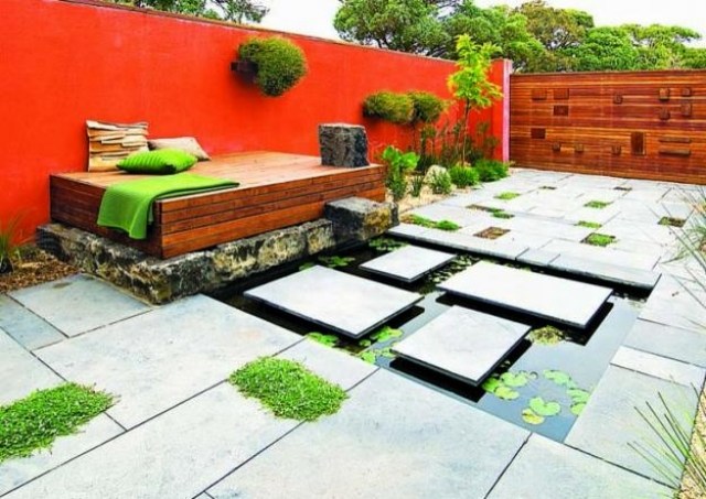 Designidéer trädgård integritet stegstenar betong-asiatisk stil