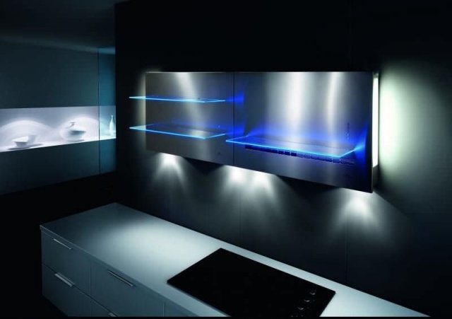 fläktkonstruktion moderna LED blå hyllor i glas aura galvamet