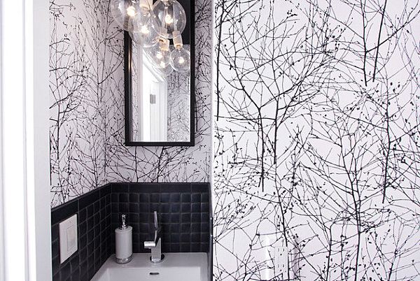Små badrum-träd gren-mönster badrum fiberduk tapeter-svart vit