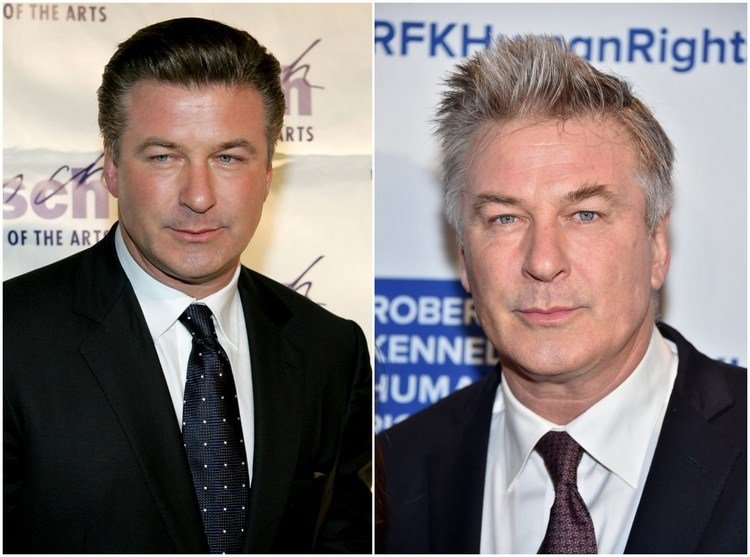 Alec Baldwin då och nu med vitt hår