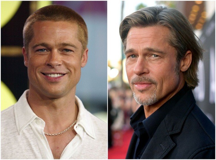 Brad Pitt med längre hår och skägg med vitt hår
