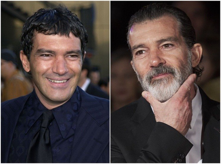 Antonio Banderas då och nu med vitt skägg