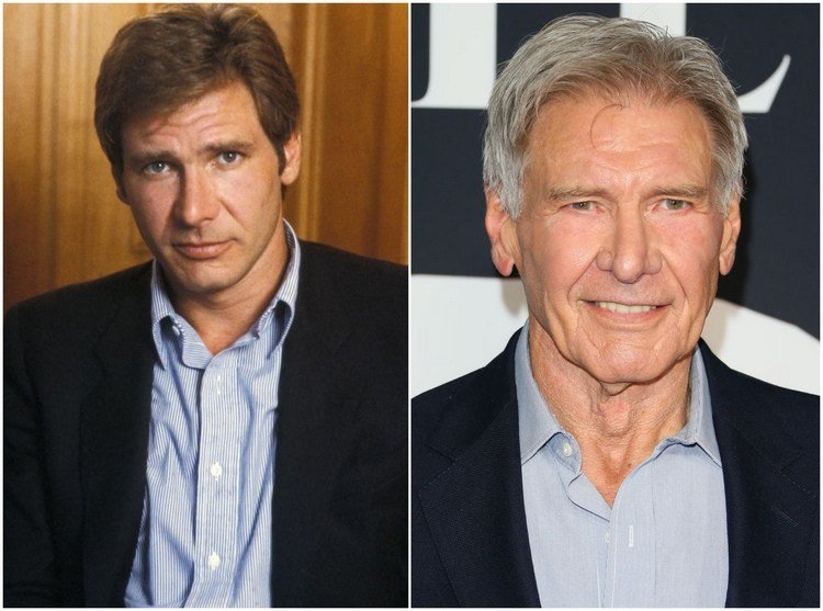 Harrison Ford då och nu med vitt hår