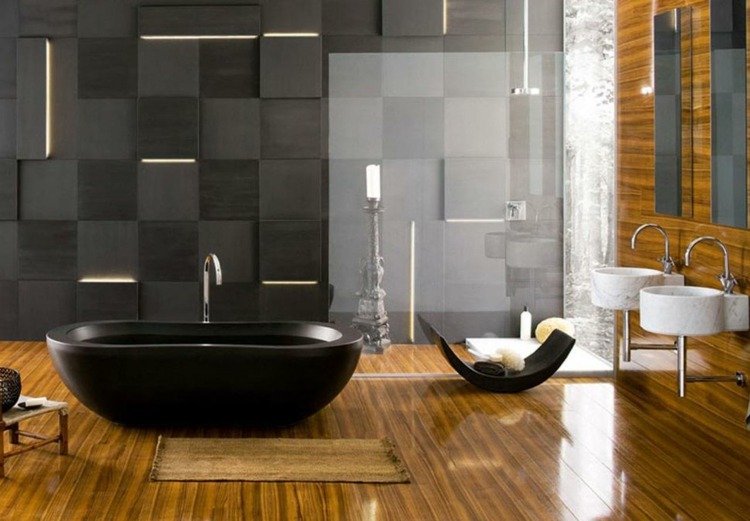 design badrum idéer parkett badkar svart modern