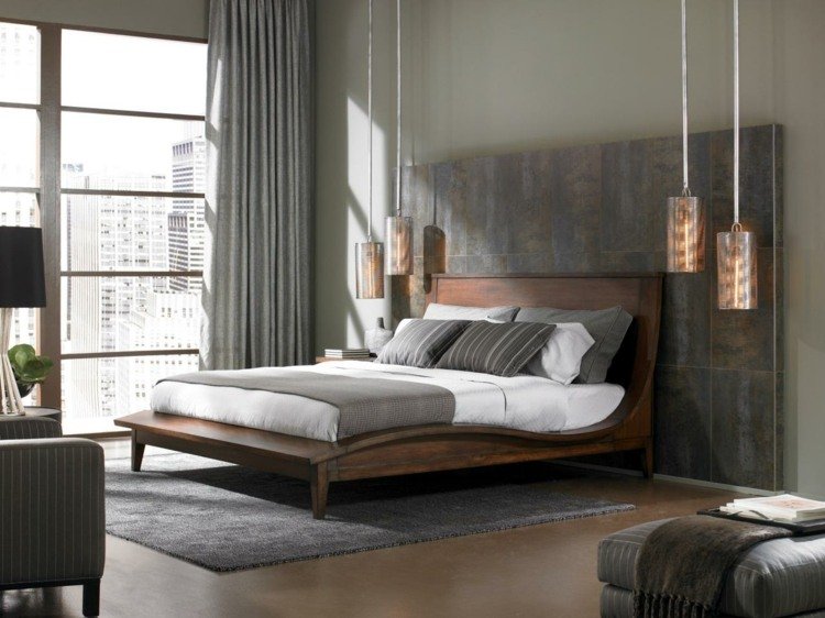 sovrum-idéer-trä-säng-moderna-taklampor