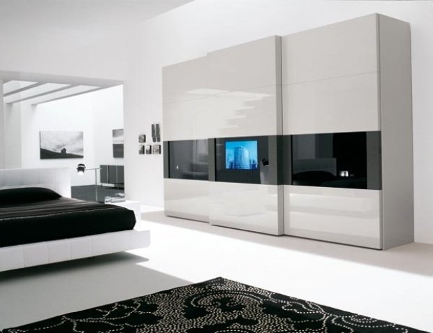 Skjutdörrskåp integrerad plattskärms-TV vardagsrum-väggmöbler-svart-vit