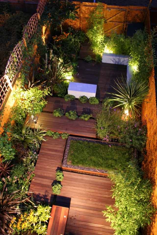 Trädäck uteplats grönare belysning-urban trädgård design