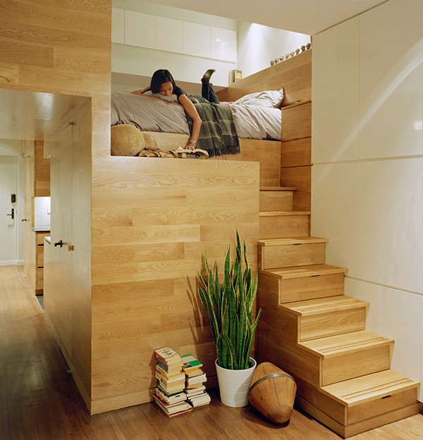 Loft säng-trä-steg-låda-lagringsutrymme modern lägenhet design