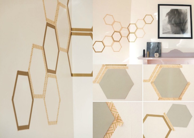 Washi Tape Ideas -diy-projekt-wanddeko-wandmuster-honeycomb