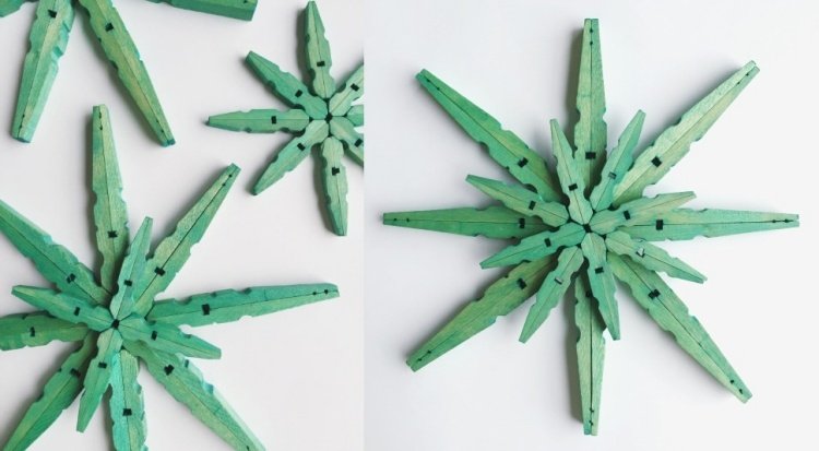 Hantverksidéer med klädnypor-jul-trä-snöflingor-grönt-tinker-stick ihop-kreativt