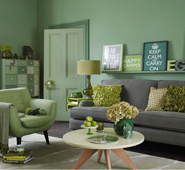 Ställ in grönt vardagsrum grå dekorativa kuddar ursprungliga idéer