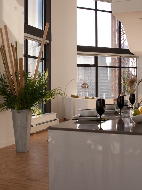 Idéer för bambu stolpar dekorativa kök moderna lägenhet golv till tak fönster