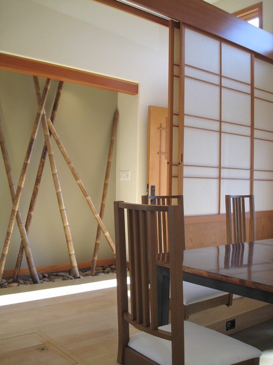 Bambu stolpar dekor matsal sten asymmetrisk vägg