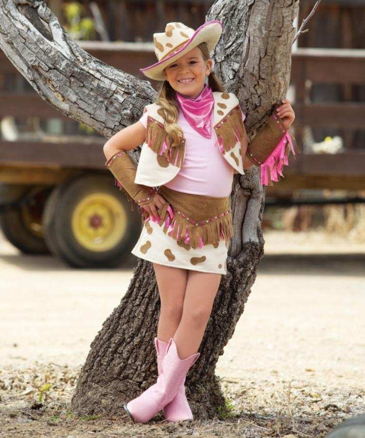 idéer-karneval-kostymer-barn-tjej-cowgirl-fransar-rosa-brun