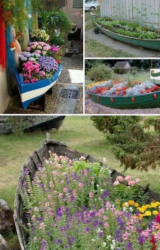 Planters i trädgården gammal-båt-blommor-planterade
