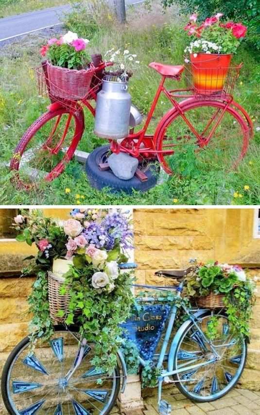 Planters i trädgården gammal-cykel-korg-färgglada-målade