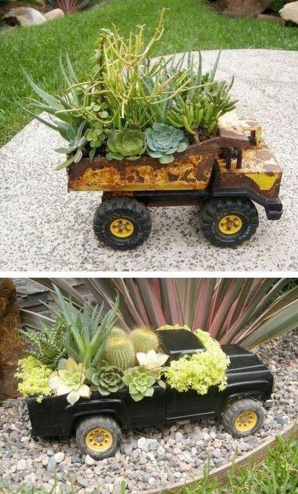 planter-trädgård-barn-leksaker-lastbil-succulenter-planterade