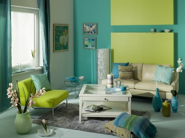 Idéer till vardagsrummet målar grön-aqua-beige-möbler