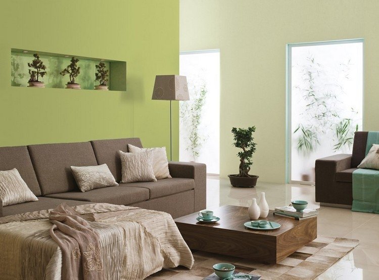 Idéer till vardagsrumsfärgen grön-vägg-färg-brun-soffa