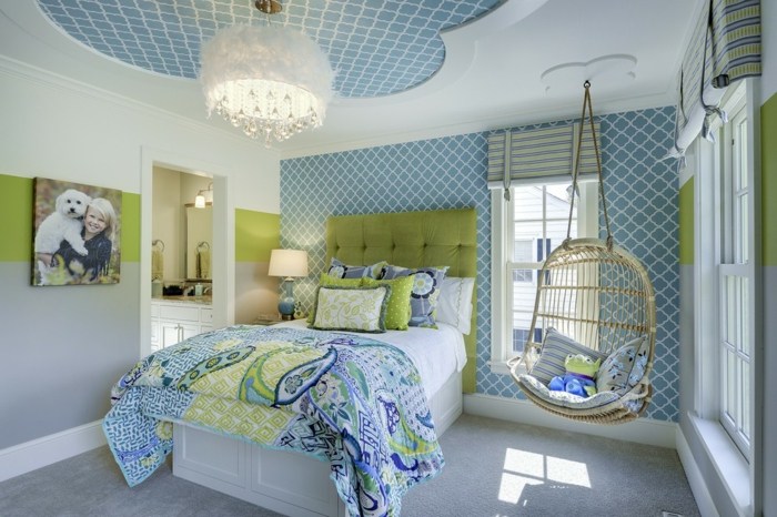 Idéer blå väggfärg grön sänggavel