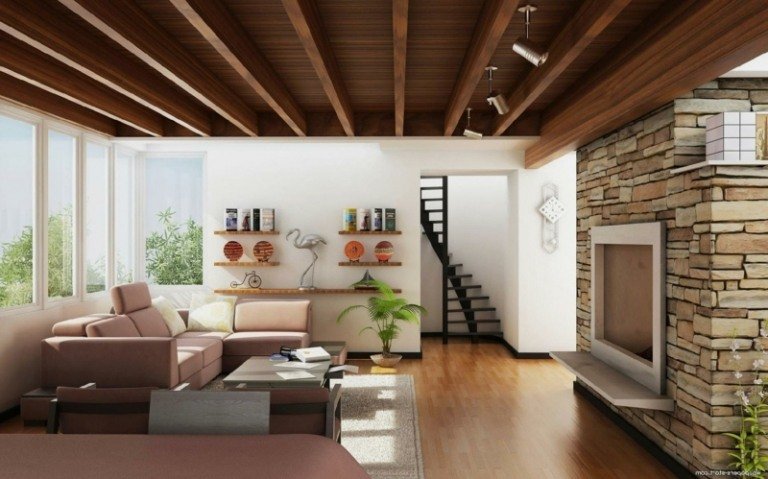idéer för takdesign träbeklädnad vardagsrum varm atmosfär