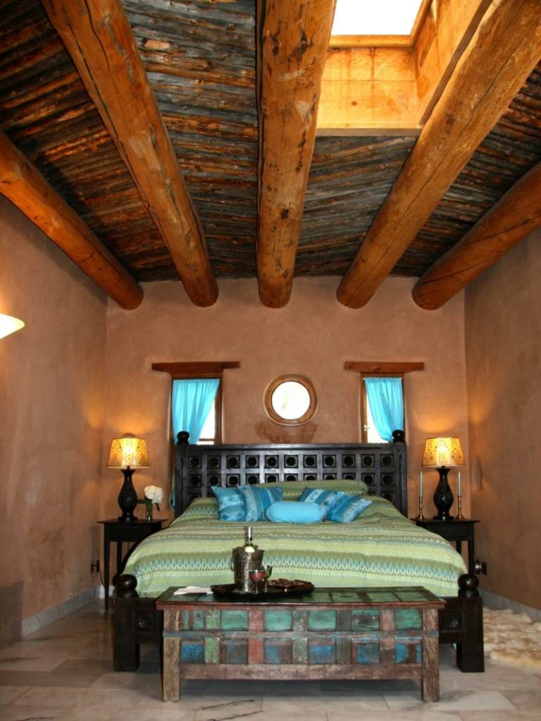 idéer för takdesign orientalisk design sovrum trä obearbetad säng