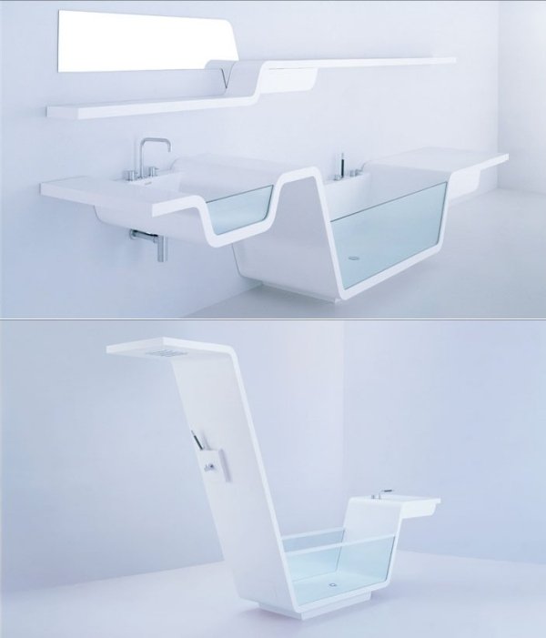Design handfat glas-fristående fristående badkar-integrerad dusch-ossTillsammans