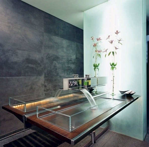 moderna rektangulära handfat-bord trä-glas väggar studio stil vattenfall effekt