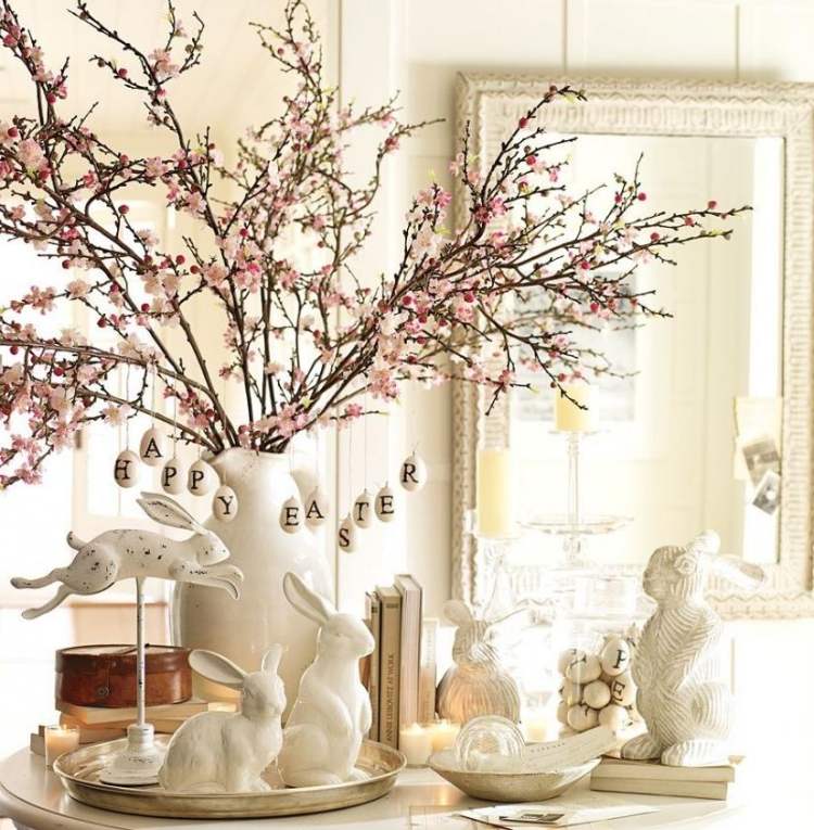 pyssla-idéer-påsk-kanin-dekoration-hus-trädgård-porslin-figurer-vit-snygg-bord-dekoration-vår