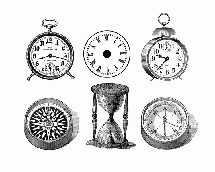 shabby-chic-motiv-print-vintage-clocks-alarm-clock-compass
