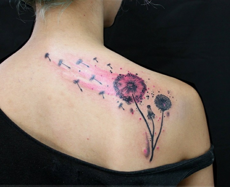 Blomma tatuering motiv puster blomma axelblad idéer
