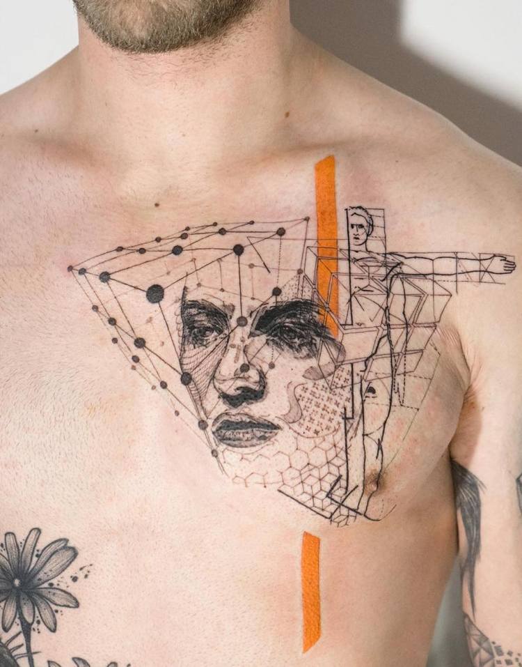 bröst-tatuering-motiv-geometrisk-fin-akvarell-representerande-geometri