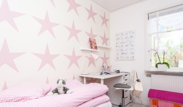 vägg-färger-idéer-barnrum-tjejer-rosa-stjärnor-deco