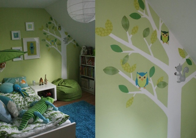 väggfärger idéer för barnrummet lutande tak-pojke-pastell-grönt-deco-träd