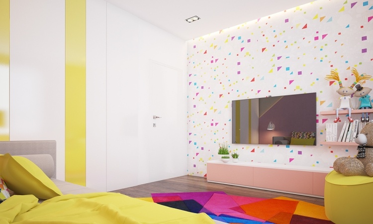 vägg-färger-idéer-barnrum-färgade-vita-rosa-gula-trianglar-fantasifulla-leksaker-tv