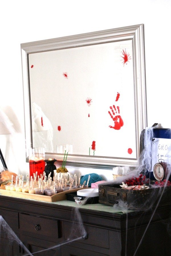 Spegel fingeravtryck blodiga röda fläckar Halloween tillbehör tillbehör till fest