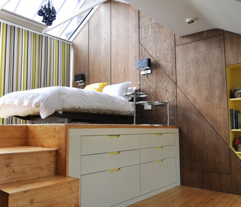 inredning idéer för sovrum piedestal säng garderober steg träpanel vägg