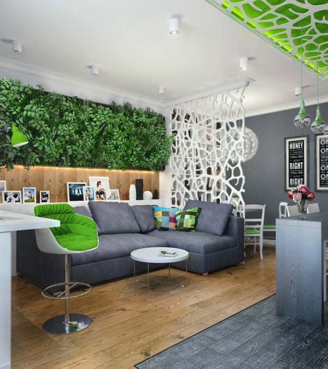 öppet-kök-vardagsrum-design-vertikal-trädgård-vägg-dekoration