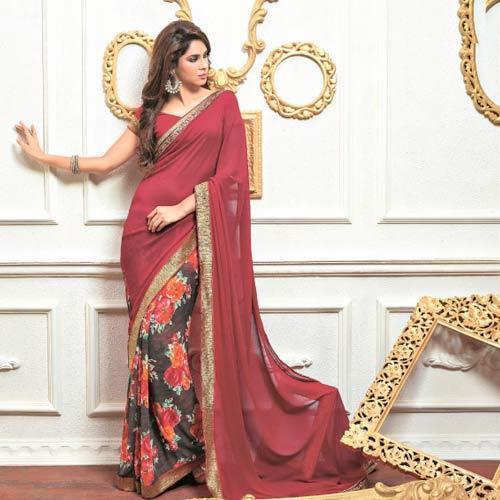 Fancy Sarees-Red Saree με Floral μοτίβο 7