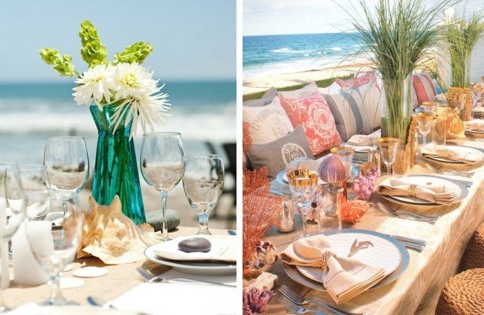 strand-bröllop-dekorationer-bord-festlig-blomma-vas-blå-glas