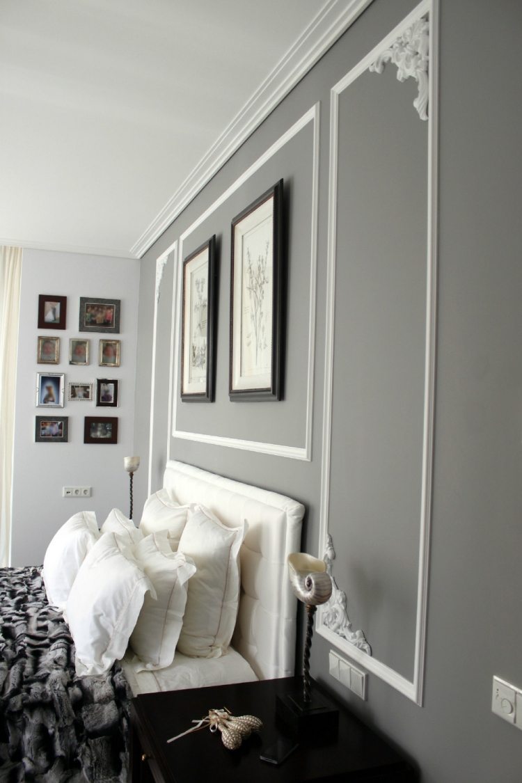 färg-idéer-sovrum-grå-vägg-färg-vit-stuckaturdekorationer