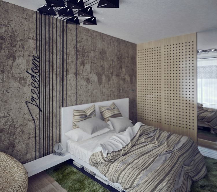 Färgidéer för sovrummet vägg-betong-look-vit-säng-grön-matta