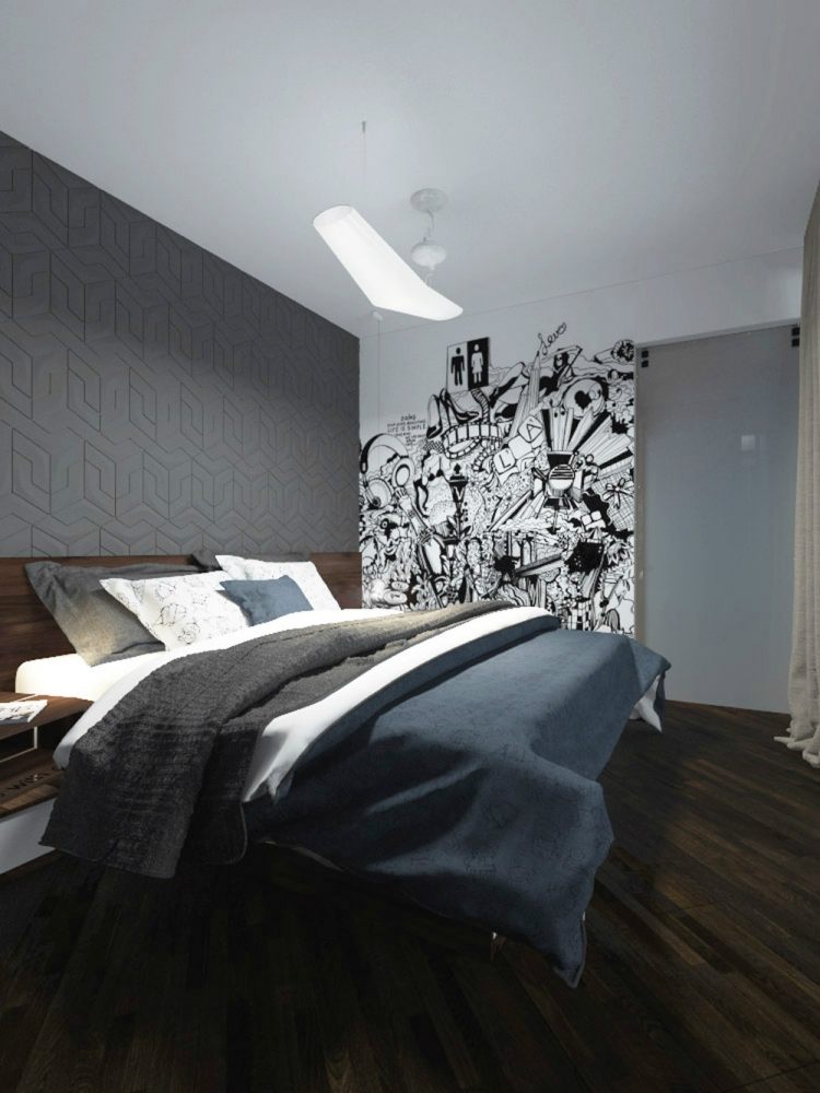 litet sovrum-vägg-design-vägg-paneler-grå-geometriska-mönster