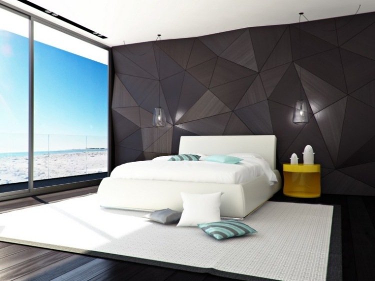 färgidéer-sovrum-väggar-design väggpaneler-grå-triangulär-vit-stoppad säng